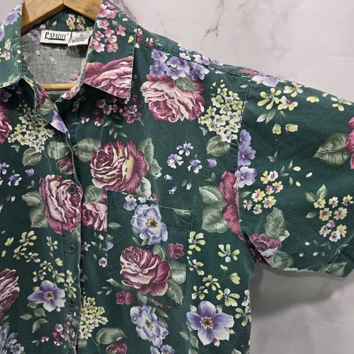 Vintage Shirt Womens Large Green Floral Button Short Sleeve Cotton Camp 90s Boxy - Picture 11 of 12