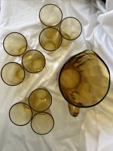 Vintage Set Amber Glass Pitcher Ribbed With 9 Juice glasses Hazel Atlas 1960s - Picture 2 of 9