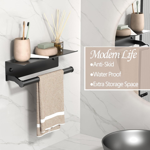 Black Paper Towel Holder Wall Mount with Shelf for Bathroom, Matte Black Adhesiv - Picture 5 of 9