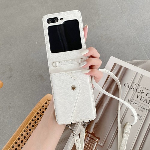 Leather Lanyard Case For Samsung Galaxy Z Flip6 Flip5 Flip4 3 Card Wallet Cover - Picture 14 of 22