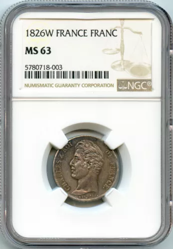 France Charles X 1 Franc 1826 W Lille NGC Ms 63
