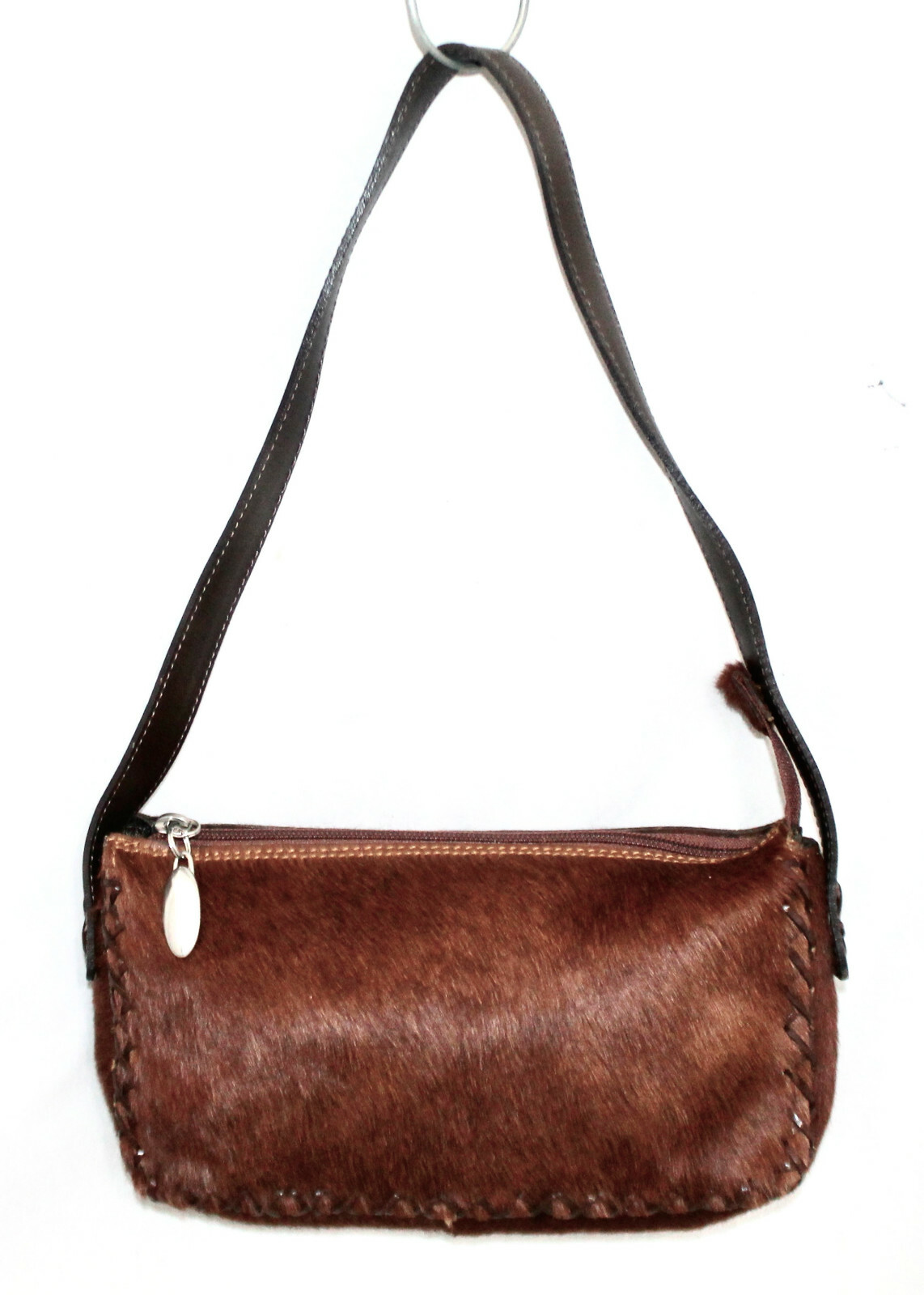 MALI PARMI Brown Pony Hair Small Zip Shoulder Bag Whip Stitch Detail
