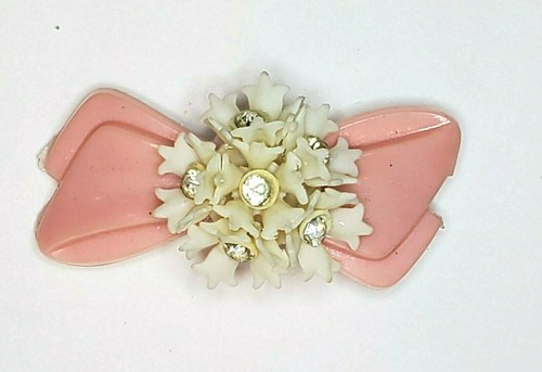 Vintage Barrette - Pink Bo-Slide with Cream & Diamante Celluloid Flower England - Picture 2 of 5