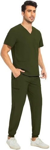 Men Scrubs Set — Stretch V-Neck Scrub Top & Jogger Pant with 8 Pockets, Large - Picture 3 of 7
