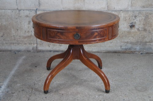 Antique Mahogany Tooled Leather Round Regency Style Drum Pedestal Table 24" - Picture 7 of 10