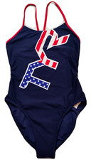 TYR DURAFAST Big Logo CUTOUT FIT Red White Blue Swimsuit - Women 38 NEW