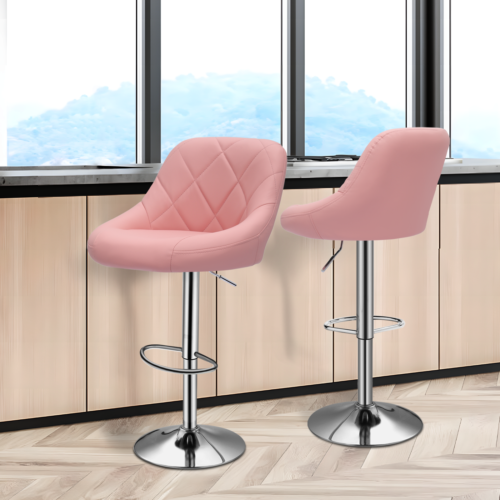 Set of 2 Bar Stools Leather Adjustable Pub Seat Pink Counter Height Dining Chair - Picture 5 of 10