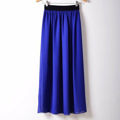 Womens Maxi Skirt Double-Layer Chiffon Pleated Long Dress Elastic Waist Skirts - Picture 7 of 10