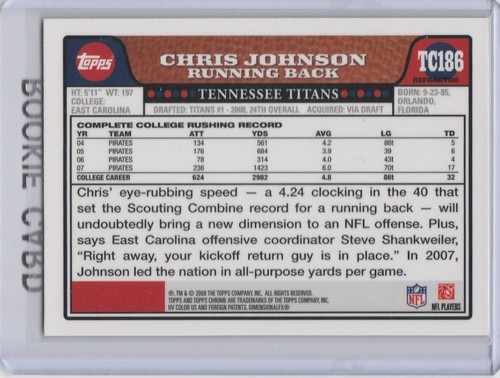 CHRIS JOHNSON ROOKIE CARD 2008 Topps Chrome REFRACTOR $$ RC Football TITANS! - Bild 2 von 2