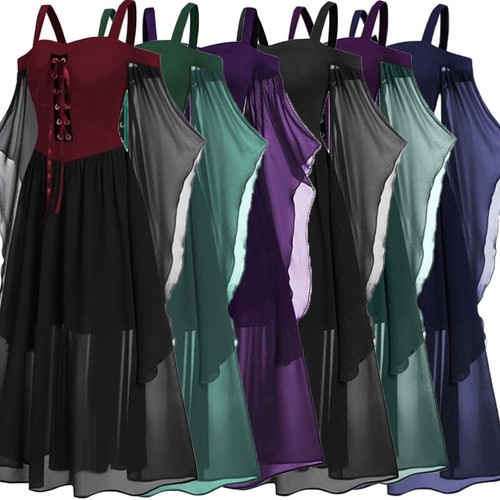 Women Halloween Cold Shoulder Butterfly Sleeve Lace up Medieval Cosplay Dress - Picture 4 of 31