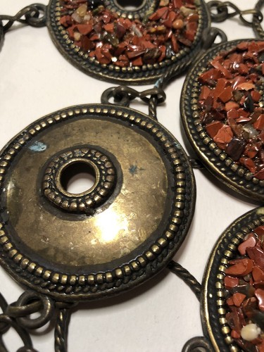 Vintage Bronze Tone Chain Belt Red Stone Medallions Antiqued Metal Max 39” - Picture 4 of 10