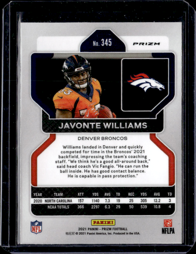 Panini Prizm 2021 - Rookie Green Pulsar Prizm #345 Javonte Williams (RC) - Imagen 2 de 2