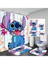 Stitch Cartoon Shower Curtain Set, Blue Stitch Cartoon Toilet Seat Cover Set