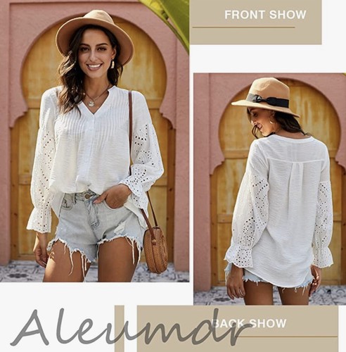 Aleumdr Women's Lace Crochet V Neck 3/4 Sleeve Button Down Blouses Casual Shirts - Picture 6 of 6