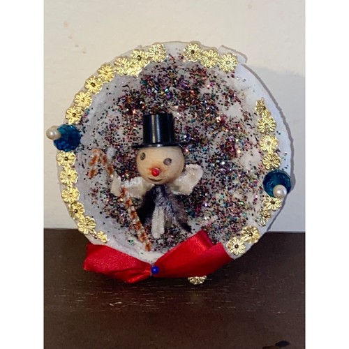 Vintage Handmade Diorama Christmas Ornament Snowman Candy Cane Styrofoam - Picture 2 of 8