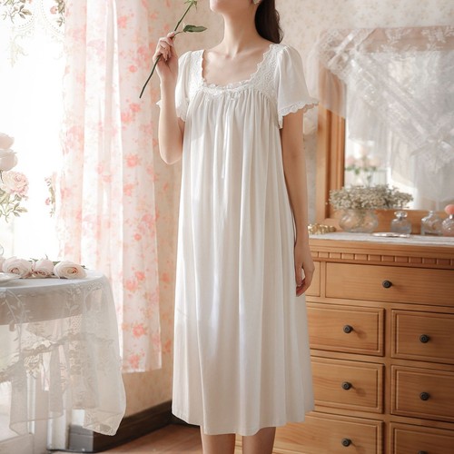 Camisón princesa mujer algodón manga corta vintage cuello cuadrado vestido para dormir - Imagen 4 de 5