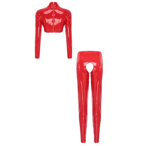Women's Crop Top With Pants Long Sleeve Lingerie Set Glossy Dance Outwear Party - Picture 31 of 49