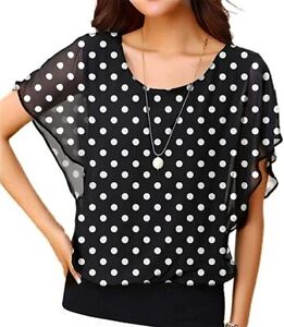 Polka-Dot-Chiffon-Shirt-Women-Short-Sleeve-Round-Neck-Blouse-2XL-by-Neineiwu