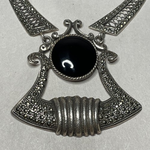 Opulent Nouveau Art Antique Onyx Silver Marcasite Art Deco Statement Necklace F7 - Picture 3 of 9