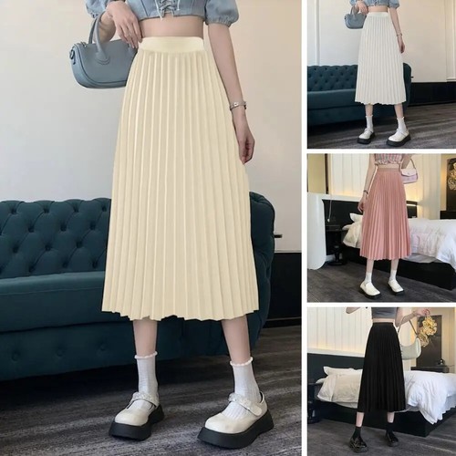2025 Women Skirt Elegant Ladies' Solid Color Pleated Skirt High Waist - Picture 23 of 29
