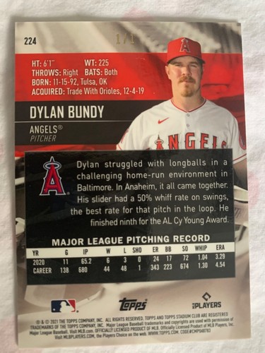 2021 Topps Stadium Club Chrome Superfractor 1/1 #224-Dylan Bundy-LA Angels - Picture 2 of 3