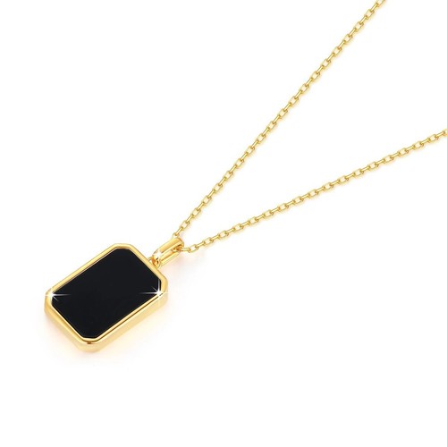 18K Gold Natural Black Agate DogTag Pendant Necklace Gift - Picture 2 of 8