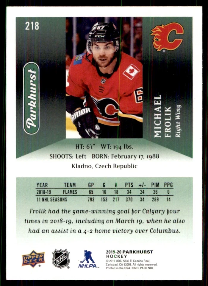 2019-20 Parkhurst Michael Frolik Calgary Flames #218 - Image 2 of 2