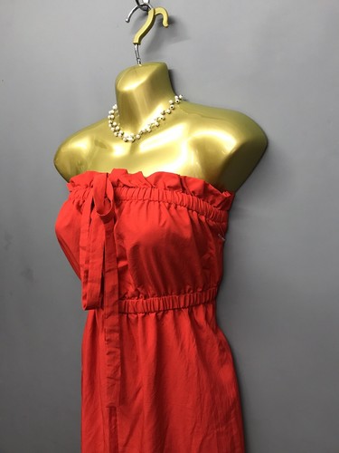 Essue Bright Red Ruffled Strapless Dress Medium UK 14 EUR 42 Elastic Waist - Picture 3 of 13
