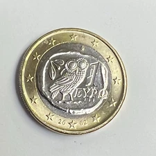 2002 GREECE 1€ EURO Bimetallic, Ancient Athenian Owl, KM#187, UNC