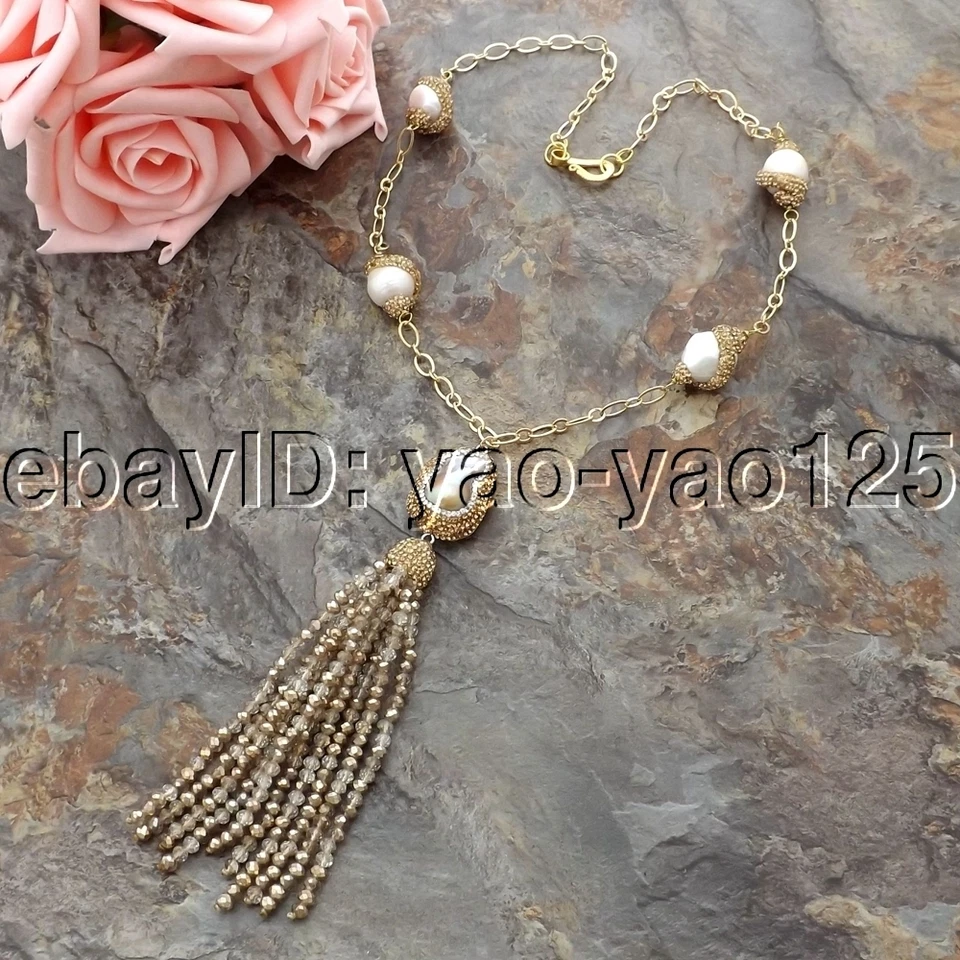 22" Freshwater Cultured White Keshi Pearl Chain Crystal Pendant Necklace - Image 4 of 4