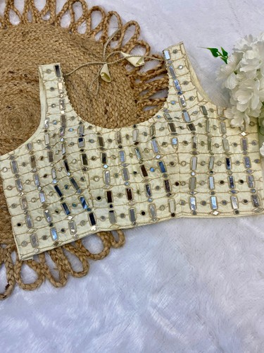 Cream Satin Organza Partywear Saree with Fully Stitched Mirror Hand Work Blouse - Picture 7 of 8