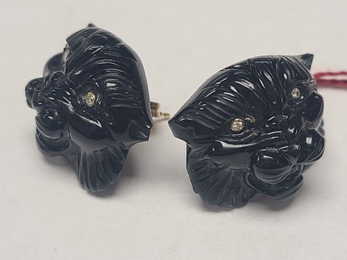k645 14kt Yellow Gold Black Onyx Tiger Stud Earrings with Diamond Eyes - Picture 4 of 5