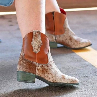 Retro Western Cowboy Women Block Heel Real Leather Splicing Horsehair Ankle Boot