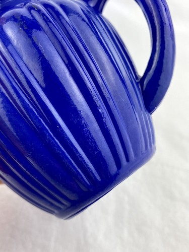 Vtg Hazel Atlas Platonite Ribbed Blue Fired On White Milk Glass Creamer Pitcher - Picture 13 of 13