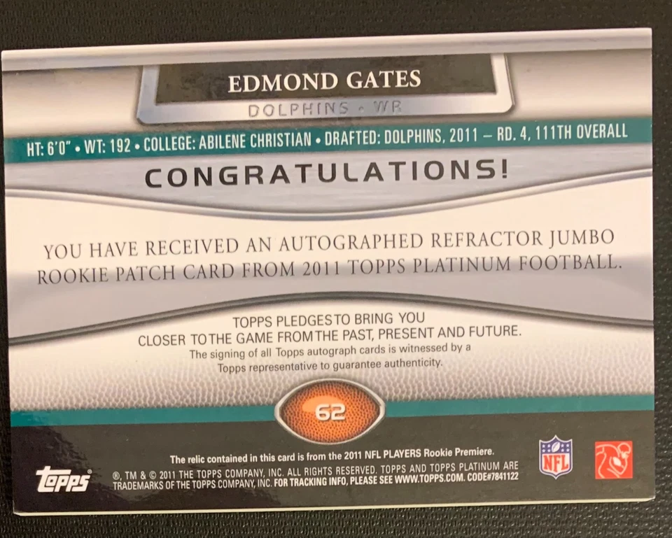 2011 Topps Platinum - Autograph & Relic Card - Edmond Gates RC - 473/475 - Image 2 of 2