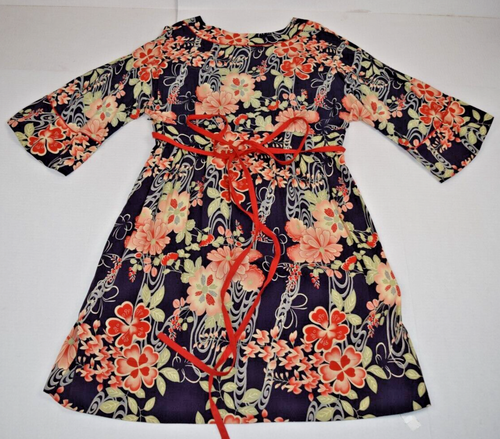 Vintage Midi Dress Butterfly Garden Size S/M 70s Waist Tie Red Blue Pale Green - Picture 8 of 11