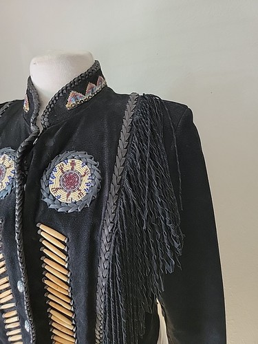 Diamond Leathers Jacket Size 10 (Small) Black Beaded Fringe Southwestern Aztec - Picture 4 of 22