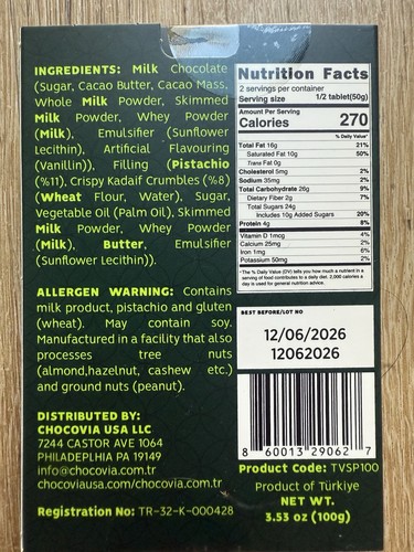 PACK DE 3 BARRAS Chocovia Dubai Barra de Chocolate con Leche, Pistachio Kadaif 3,53 oz 100 g - Imagen 4 de 4