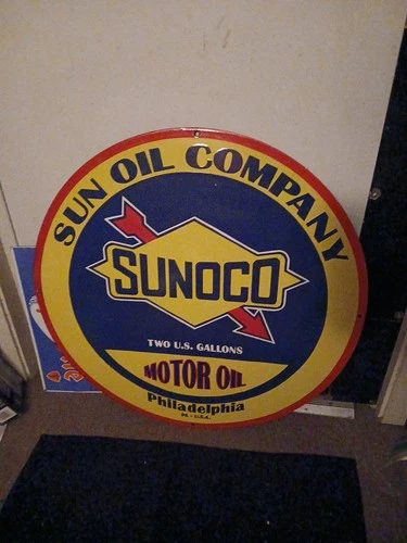 VINTAGE RARE LARGE SUNOCO SUN OIL COMPANY GASOLINE OIL 30" PORCELAIN METAL SIGN