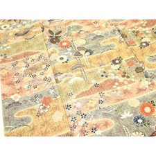 Heiwaya Kimono Small Pattern Butterfly Flowers Gold Pure Silk Japan