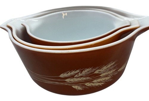VTG Pyrex Autumn Harvest Wheat Cinderella Mixing Bowl Nesting Set of 3 Corning - Picture 15 of 17