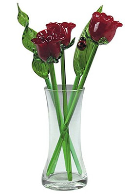 Decorative Glass Lovely Flower Bouquet with Vase, Gift Boxed   Red Roses