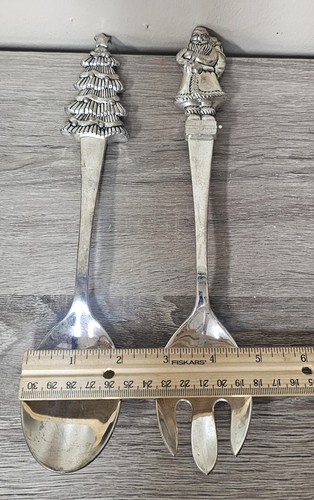 Wallace Silverplate Serveware Salad Set Holiday Christmas Tree & Santa 11"  - Foto 8 di 8