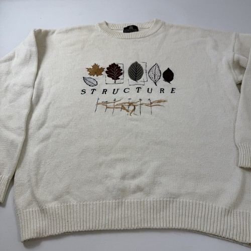 Vintage Structure Embroidered Leaf Sweater Cream Sleeve Crew Neck XL Extra Large - Foto 2 di 15