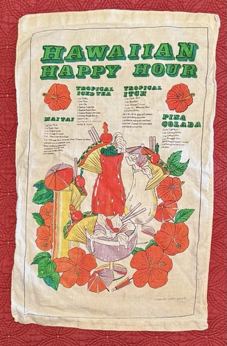 Hawaii Cocktail Leinen Stoff Geschirrtuch mit tropischen Getränk Rezepten Vintage - Bild 2 von 3