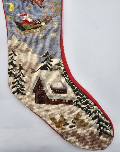Vintage Nadelspitze Weihnachtsstrumpf Weihnachtsmann fliegt über verschneite Hütte 19" - Bild 7 von 13