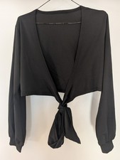 Women's SZ L Long Sleeve Crop Shrug Top Bolero Cardigan Black Tie Up