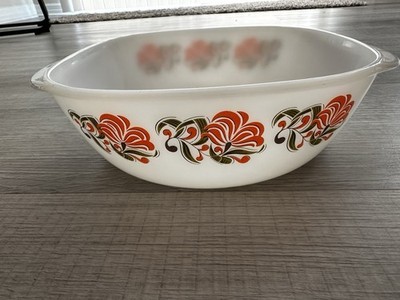 Schott Mainz Jena Glass 1970 Floral Orange Flower Casserole Dish Milkglass