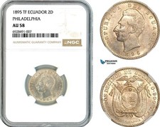 AK743, Ecuador, 2 Decimos 1895 TF, Philadelphia Mint, Silver, NGC AU58