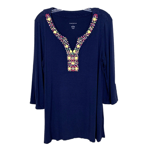Charter Club Womens L Tunic Top Beaded V Neck 3/4 Sleeve Navy Resort Cruise